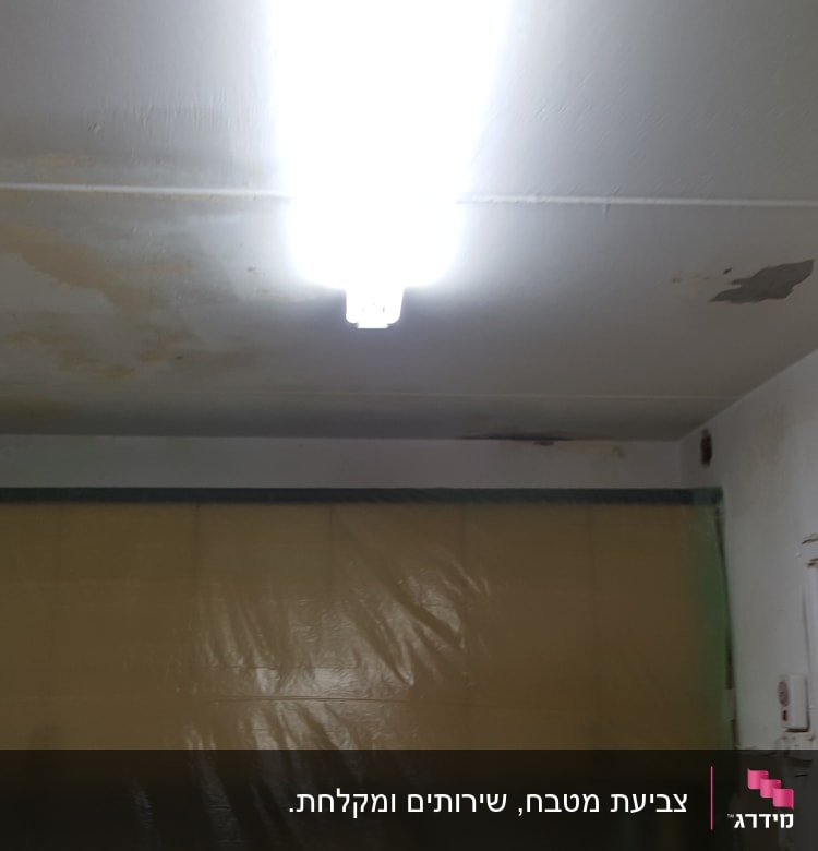 תקרה עם כתמי רטיבות, קיר מכוסה בניילון ירוק